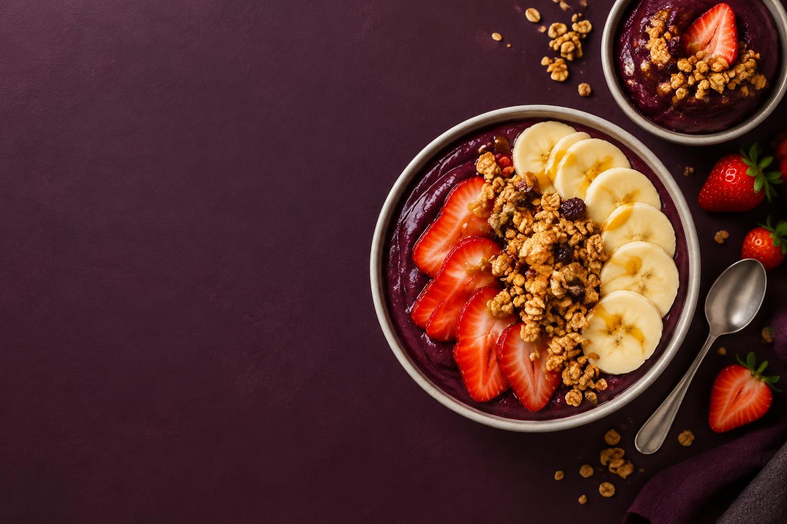 Açaí com morangos, banana e granola, preparado na hora
